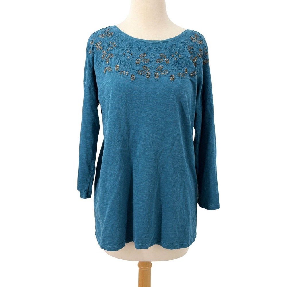 Soft Surroundings Teal Blue Slub Knit Embroidered Beaded Long Sleeve Top Small